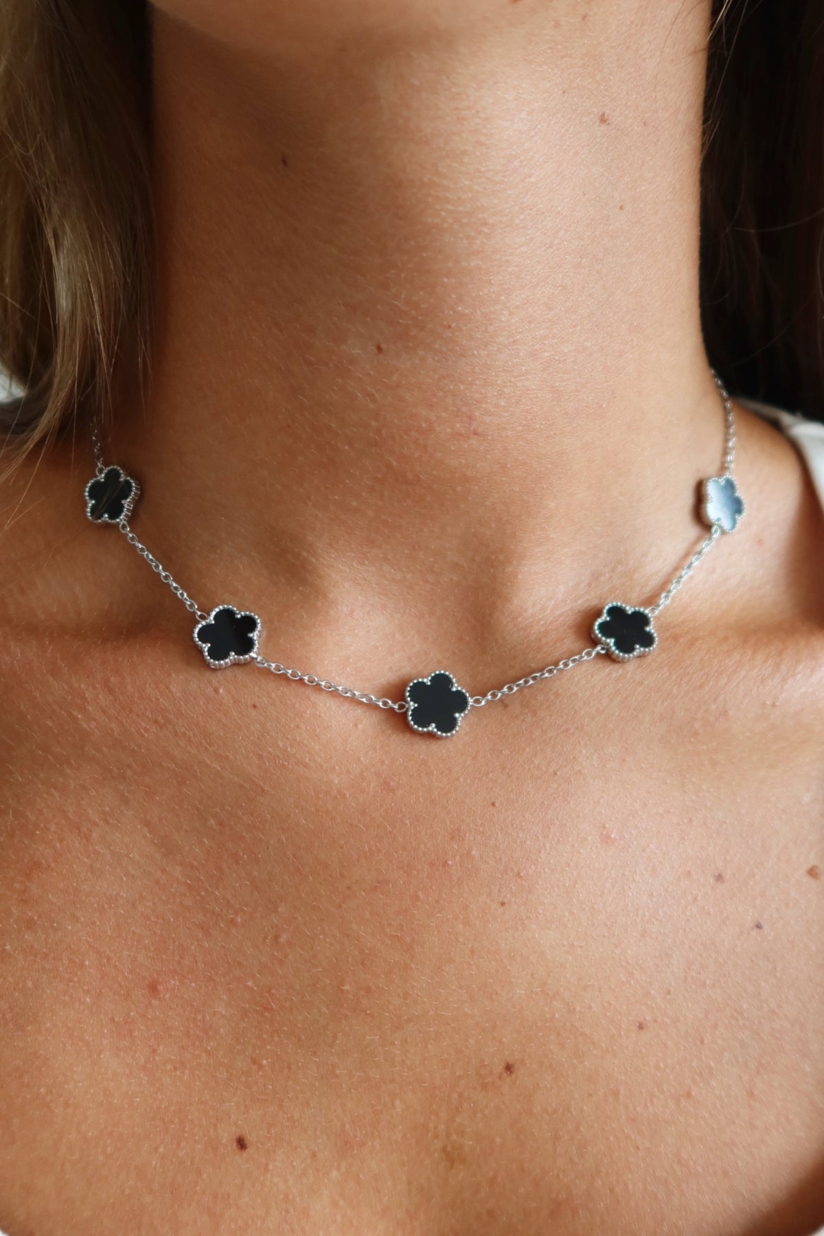 Klaver Ketting Zilver - Zwart